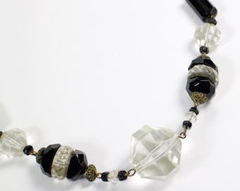 Vintage 1930s Art Deco faceted black and clear glass bead necklace.