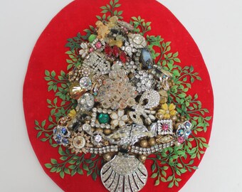 Costume Jewelry Christmas Tree Hanging Art Rhinestone Repurposed Upcycled