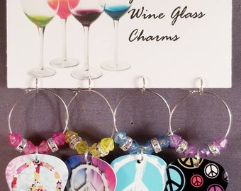 Guitar Pick Wine Glass Charms "Peace Signs"