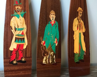 Colorful Marquetry Clowns Set of 3 Varnished Wood
