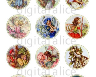 Vintage FLOWER FAIRIES Craft Circles - Victorian Fairies- Instant Download Digital Printable Bottlecaps Cupcakes Collage Sheet