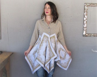 upcycled clothing linen tunic coat duster spring fashion Boho Bohemian L overcoat reclaimed recycled Gypsy Lagenlook LillieNoraDryGoods