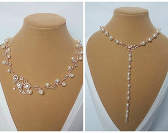 Rose Gold Pearl Necklace, Rose Gold Backdrop Necklace, Rose Gold Wedding Necklace, Rose Gold Back Drop Necklace, Bridal Back Necklace Rosia