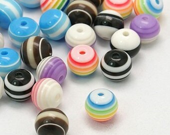 set of 20 round beads multi color stripes resin 8 mm new