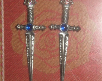Medieval Pewter And Blue Crystal Lightweight Sword Earrings