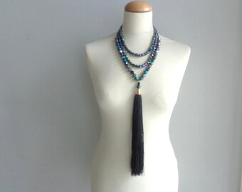 Black silver tassel Statement necklace longer style, multi strand necklace