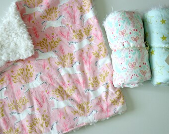 Dream Lovie, Pink Unicorns Minky with Ivory Faux Fur