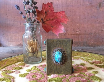 vintage match box cover / metal match box cover / turquoise scarab beetle / match box holder