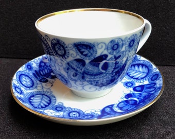 Lomonosov Blue Mid Century Folk Art Partridge Tea Coffee Cup and Saucer Russian Porcelain