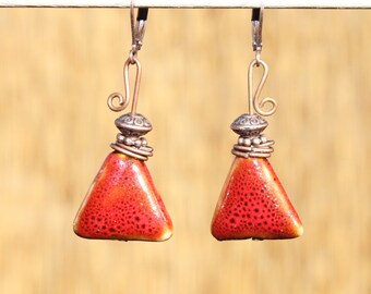 Red Earrings Ceramic Earrings Dangle Drop Earrings Boho Jewelry Boho Earrings Rustic Earrings Christmas Gift for women Gift For her Gift