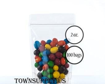 100 - 2 oz clear poly stand up pouches, see through packaging, food grade bags, small product package, resealable zipper, DIY party favors