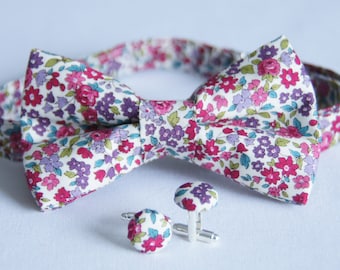 Bow tie set + Pink/Purple floral cuff links