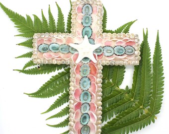 Sea Shell Cross, Wall Cross, Crucifix, Hanging Wall Cross, Baptism Gift, Housewarming Gift, Wedding Gift, Beach Cottage Decor Nautical Decor