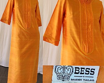 Thai Silk Dress Vintage 60s Thai Silk Tangerine Cheongsam Party Dress