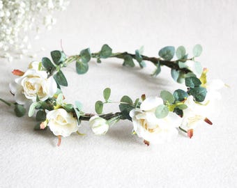 White Rose Flower Crown and custom rose flower bracelet Beach Flower Headpieces ivory Bride Natural Flower Halo Hair Accesories