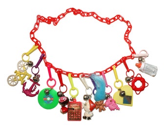 Vintage 80s Bell Charm Necklaces - Plastic Charms 80's 90's Vintage Jewelry Bell Charms Rainbow Collectible Jewelry 80s Kids clip charm