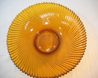 Vintage Amber Glass Ruffle Bowl Sawtooth Swirl Edging Made in France Free Shipping