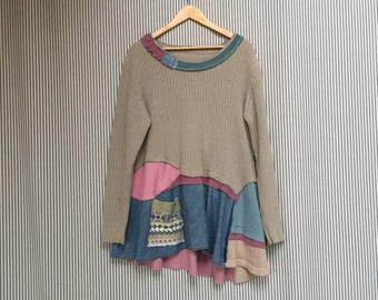 Upcycled Artsy sweater tunic, Recycled Cotton Sweater Top, Refashioned Clothing