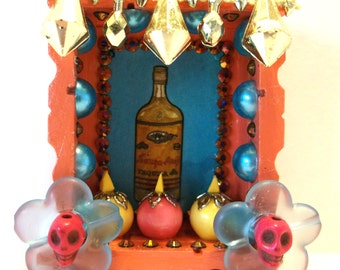 Mexican Loteria, Tequila Nicho, La Botella Loteria, Day of the Dead, Mexican Ornament, Wood Nicho, Mexican Folk Art, Loteria Decoration