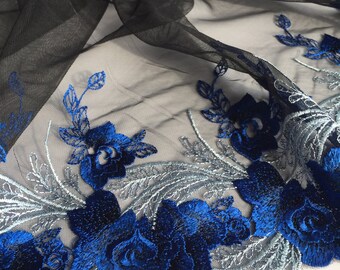 BLACK/BLUE/Lt Grey, 8.25" Wide, Embroidered Floral Lace Trim, BTY By The Yard