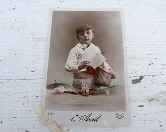 Antique 1900/1910s postcard French real photo recolored adorable boy First of April
