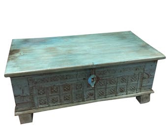 Vintage Trunk Blue Distressed Coffee table, chest Table , chai table Old Pitara Iron nailed Eclectic Interior FARMHOUSE Eclectic