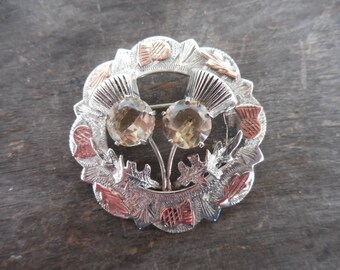 Ward Bros Scottish Celtic Sterling Thistle Pin Brooch w Citrine & Rose Gold