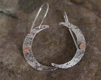 Moon earrings. Crescent Moon jewelry. Sterling silver moon and moonstone. 925 silver. Boho.