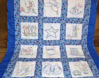 Embroidered Blue Cowboy Quilt