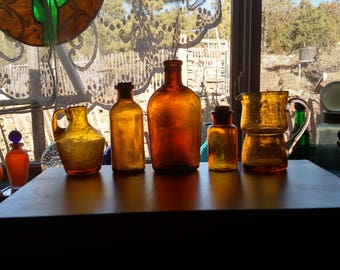 Five Amber Glass Vintage Containers