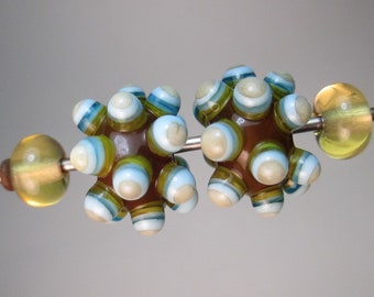 MATCHED PAIRS OF Handmade Lampwork Beads by Patti Cahill, Knobby Gobstoppers + Straw Yellow Plains (4 beads total)