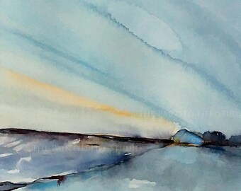 Farm Field Original Art, 11 x 14 watercolor, minimalist modern landscape, barn farmhouse wall decor
