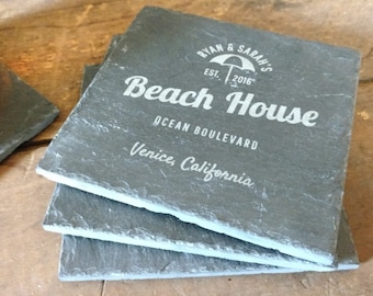 Custom Coaster, Slate Coaster, Personalized Coasters, Wedding Gift,Engraved Drink Coaster,Beach House Coaster,Coaster -Set of 4 -LES1000001