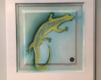 Multimedia Iguana on Repurposed Cabinet Door Coastal Colors