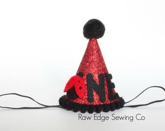 Ladybug Birthday Party Hat Red Black Cake Smash Headband Glitter Mini Custom First One Lady Bug