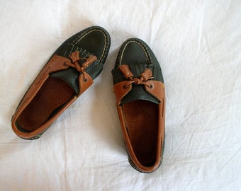 Vintage 1980's Dooney & Bourke Deck Shoes / 80's Prep Boat Shoes / Dark Green and British Tan Leather Loafers