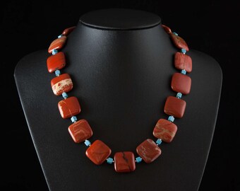 Red Stone Necklace - Chunky Statement Red Jasper and Turquoise Beaded Gemstone Necklace