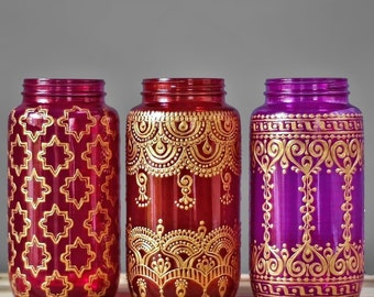 Bohemian Patio Outdoor Lantern, Colorful Mason Jar Lantern,Hand Painted Mason Jar with Mehndi Henna Design