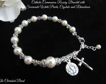 Traditional Catholic First Communion Rosary Bracelet with Swarovski Pearls, Crystals and Rhinestones