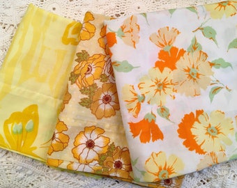 Set of 3 Vintage Pillowcases - Florals - Butterflies Yellow Mix - 1970s - Standard Size - Butterfly