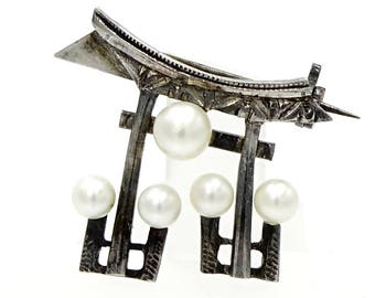 Sterling Silver And Japanese Akoya Pearl Torii Gate Pin