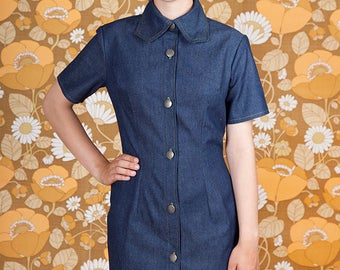 Rasha Swais 1960s/70s Denim Square Collar button Shirt Dress