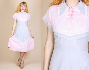 1950s Patio Dress - Large // Vintage 50s Ric Rac Trim Girly Day Dress