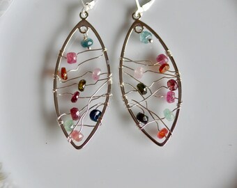Watermelon tourmaline and sterling silver wire wrapped earrings, tourmaline jewelry, watermelon tourmaline earrings
