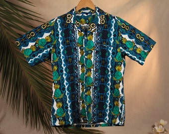 Vintage 60's Tropicana Blue Pineapple Men's Hawaiian Shirt. Size Medium