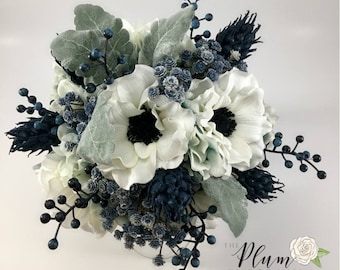 Navy Thistle White Poppy Anemone Bouquet : Alice in Wonderland White Poppy and Thistle Wedding Bouquet with Pocket Watch Accent