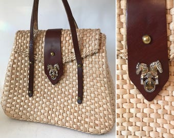 1960s purse straw bag vintage handbag purse with horse summer purse rockabilly purse 1950s handbag straw world purse