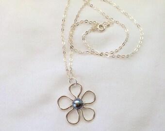 Sterling Silver Flower Necklace With Freshwater Pearl Center