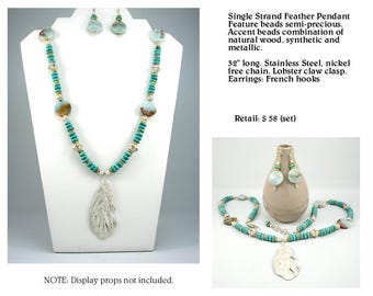 Feather Pendant Silver Finish Necklace Set and Semi Precious Accents