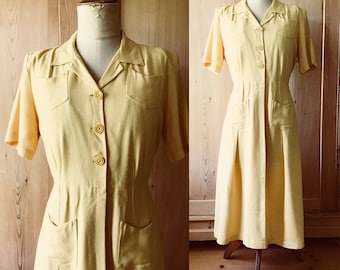 CC41 yellow linen rayon 1940s dress, medium/large
